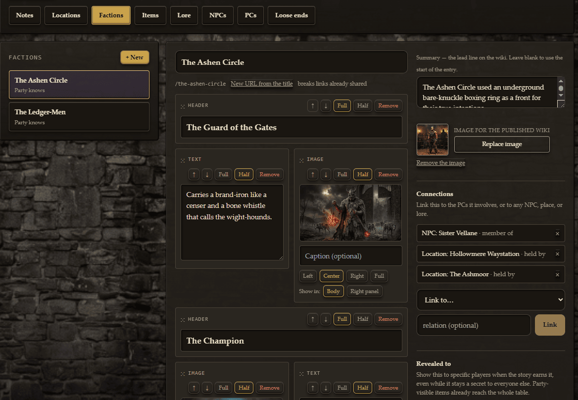 The Codex editor: a faction page with linked NPCs and places, an image, and a reveal setting