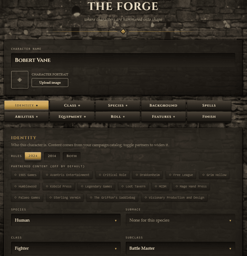 The Forge character builder for D&D: identity, class, species, background and spells tabs, with rules and partnered content toggles