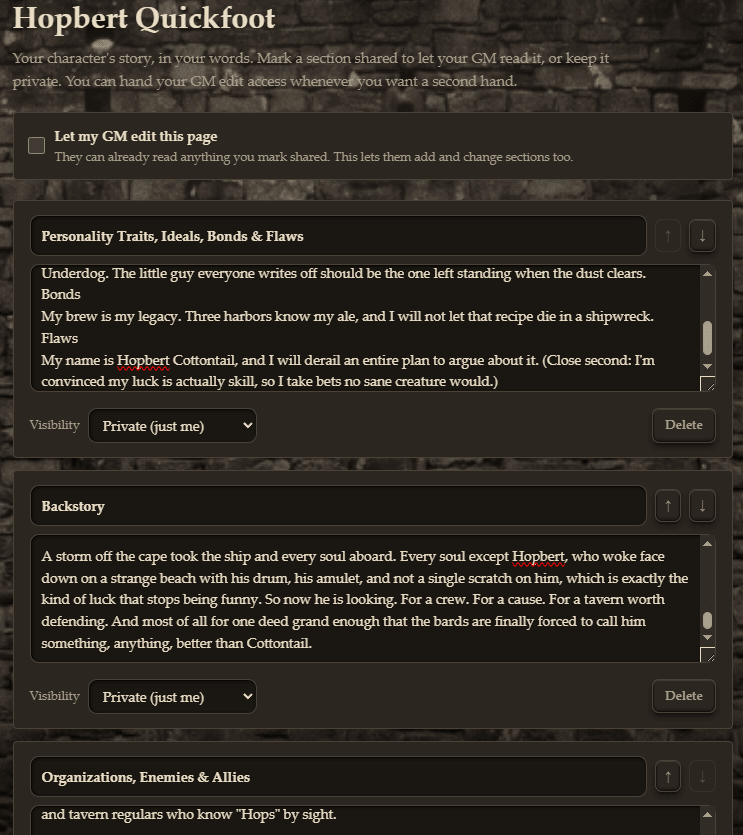 A player's character page, written in their own words, with each section set to private or shared