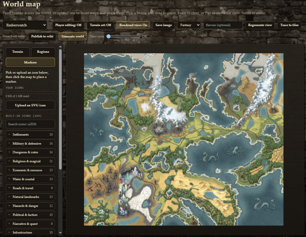 The world map editor with a painted continent, mountains, forests and coastlines, and a sidebar of map icons